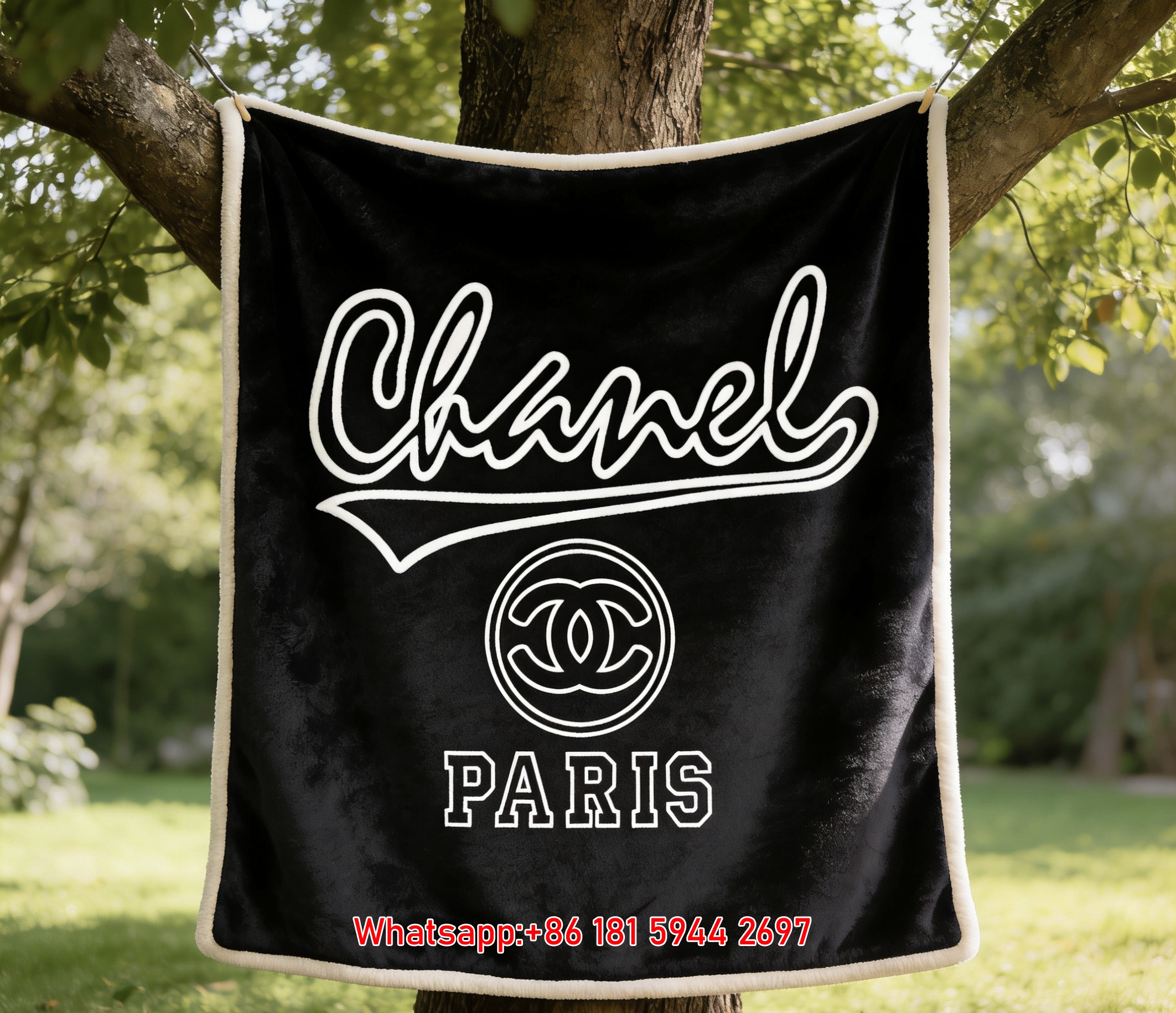 Chanel Paris Script CC Logo Flannel Throw Blanket IMG_7046